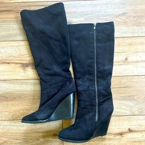 Black faux suede high wedge tall boots